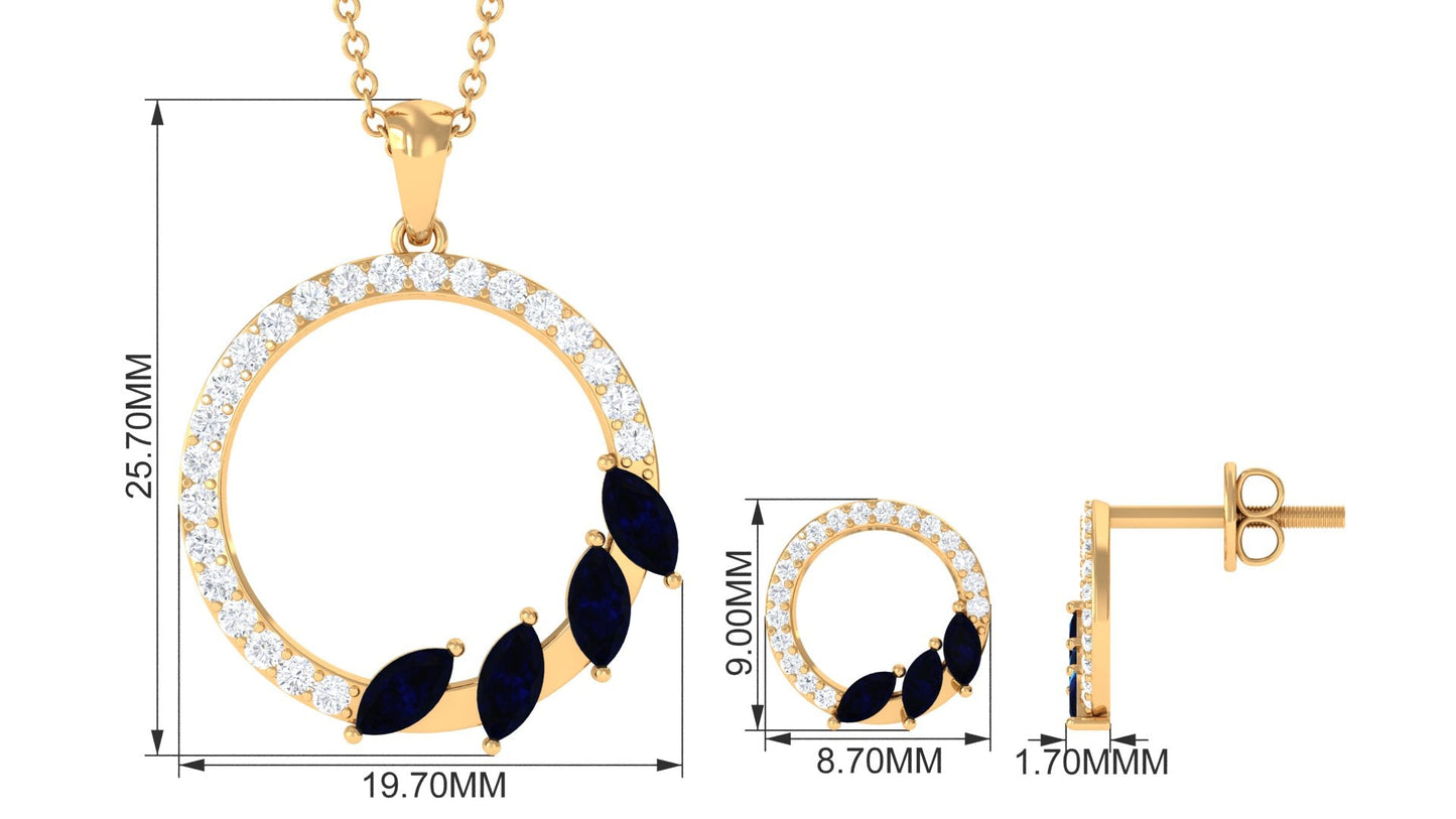 Real Blue Sapphire Diamond Circle Necklace and Earrings Set