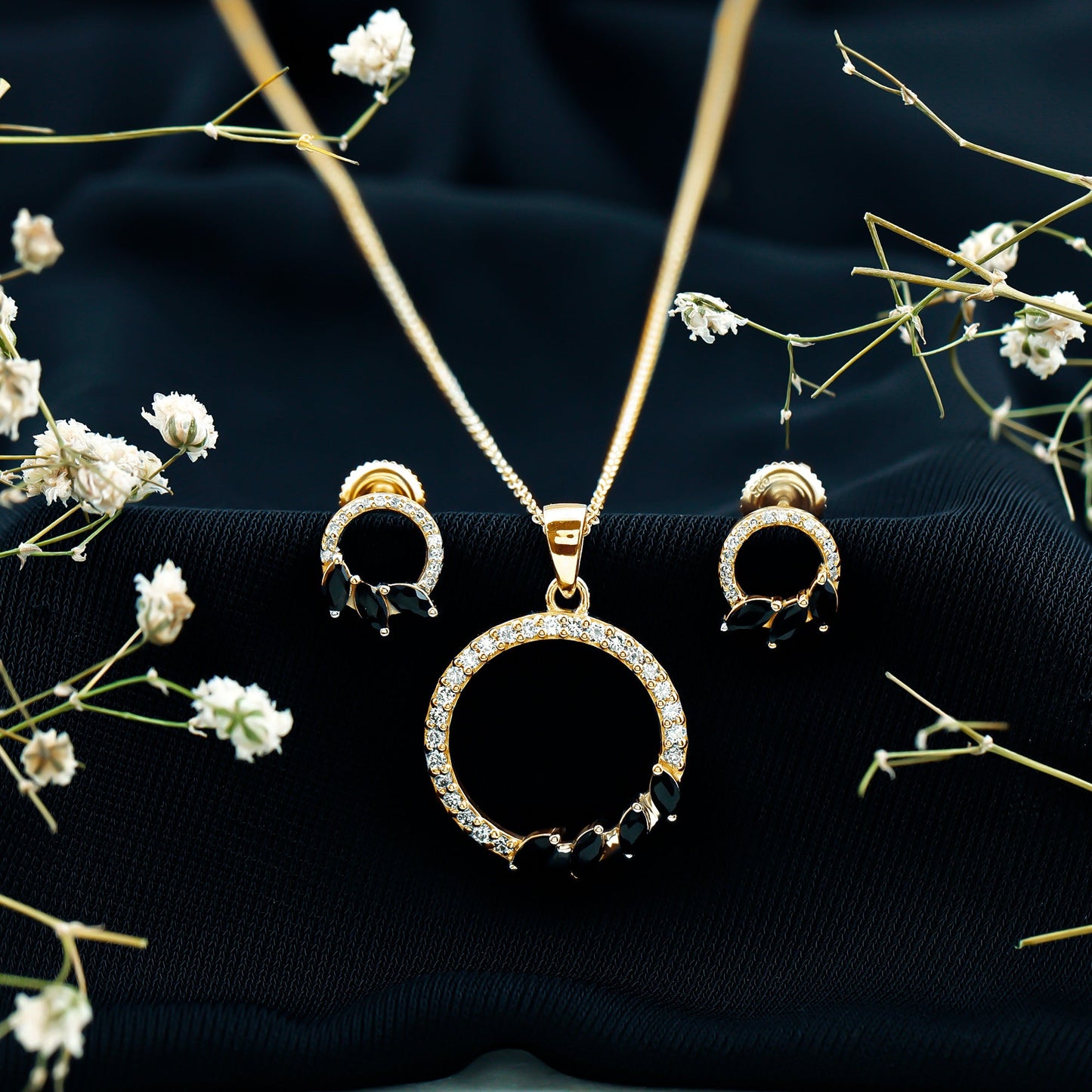 Marquise Cut Black Onyx and Diamond Eternity Jewelry Set