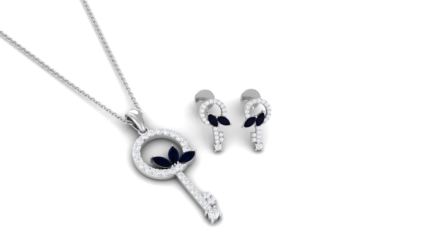 Natural Blue Sapphire Key Pendant and Earrings Set with Diamond