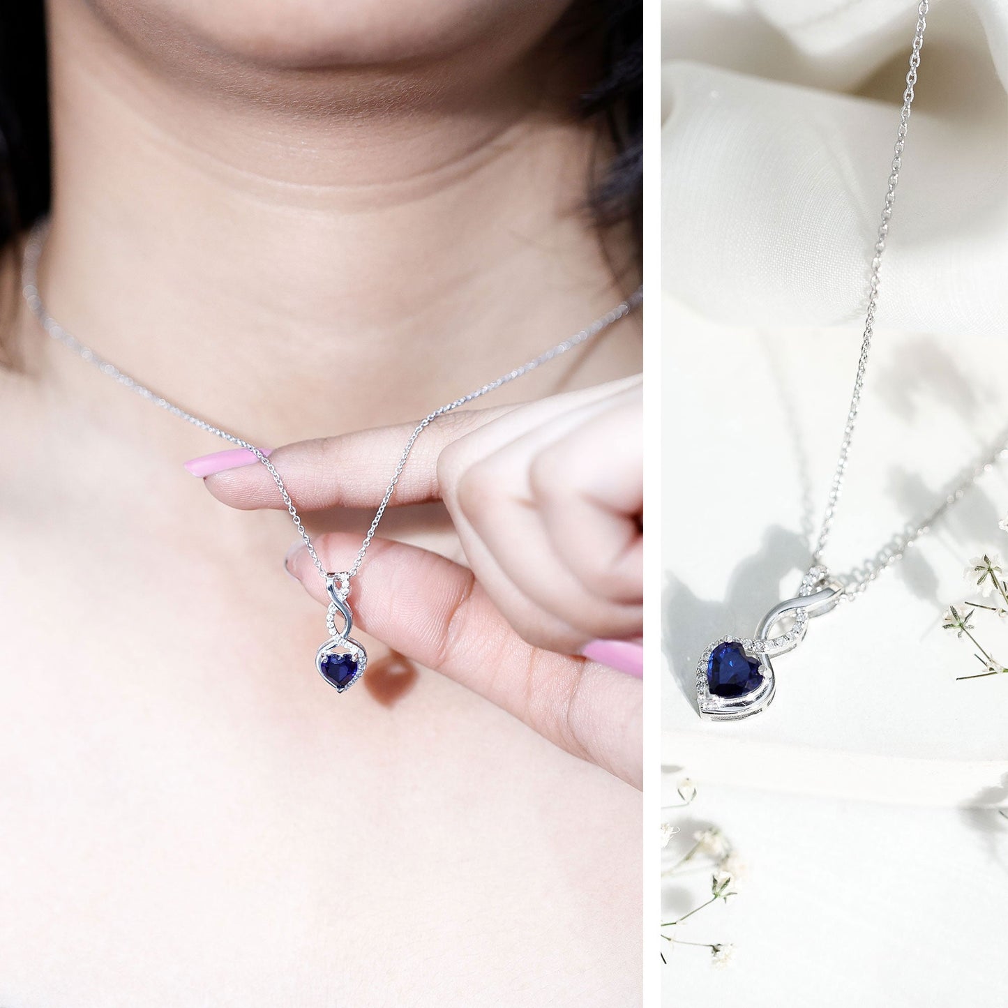 Lab Grown Blue Sapphire and Moissanite Infinity Heart Necklace with Chain