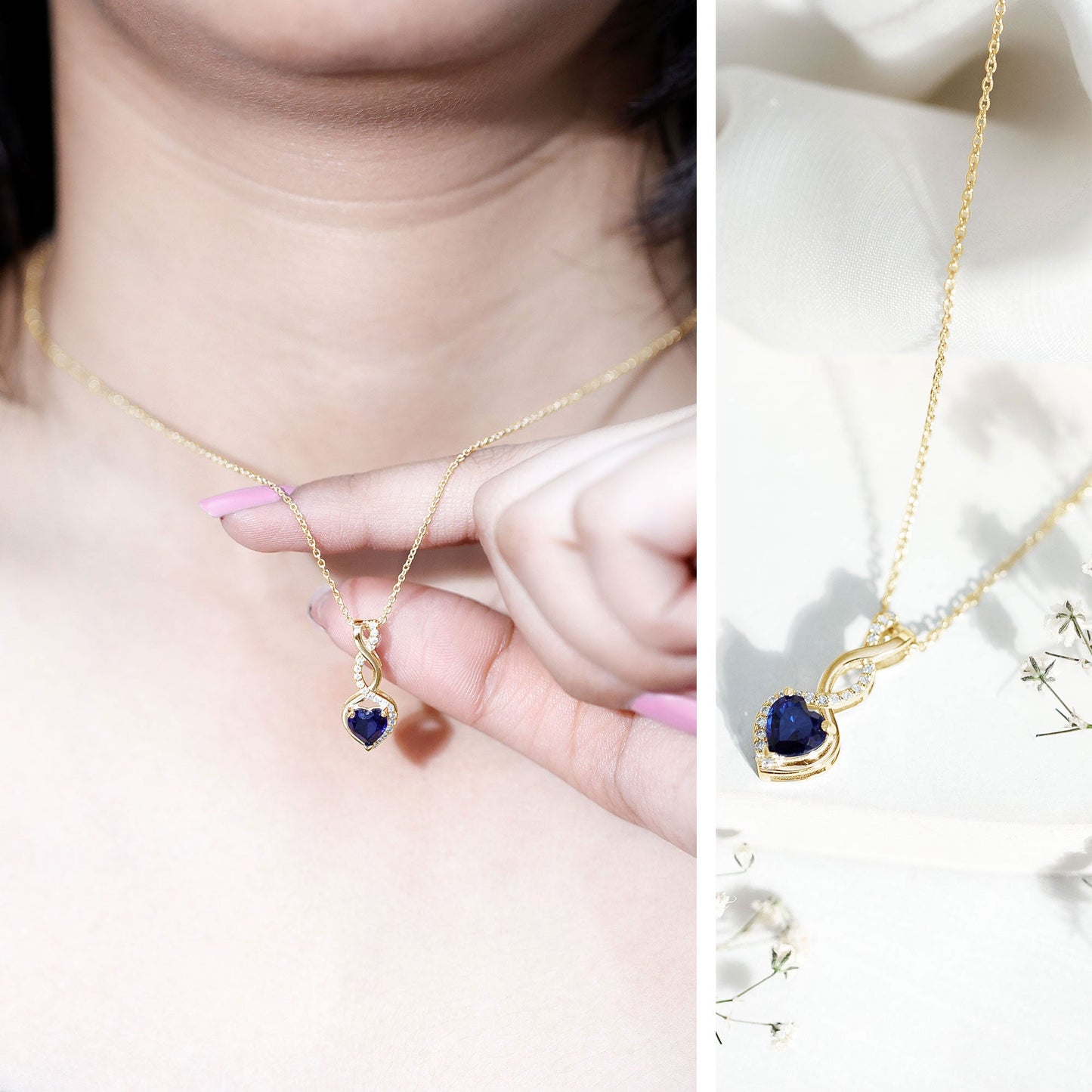 Certified Lab Grown Blue Sapphire Infinity Heart Necklace with Chain