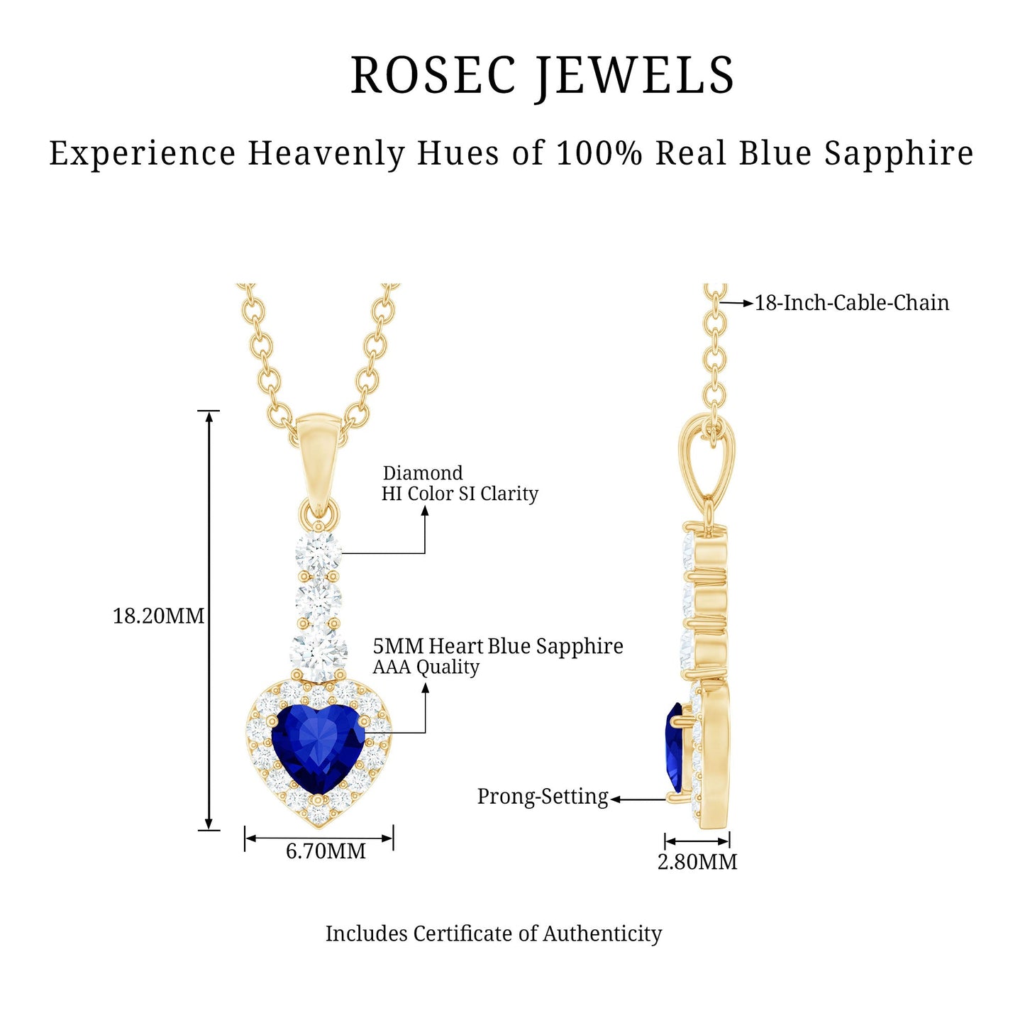 Real 0.65 Carat Blue Sapphire Heart Pendant Necklace with Diamond Halo