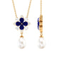 Created Blue Sapphire and Moissanite Flower Necklace with Freshwater Pearl Drop