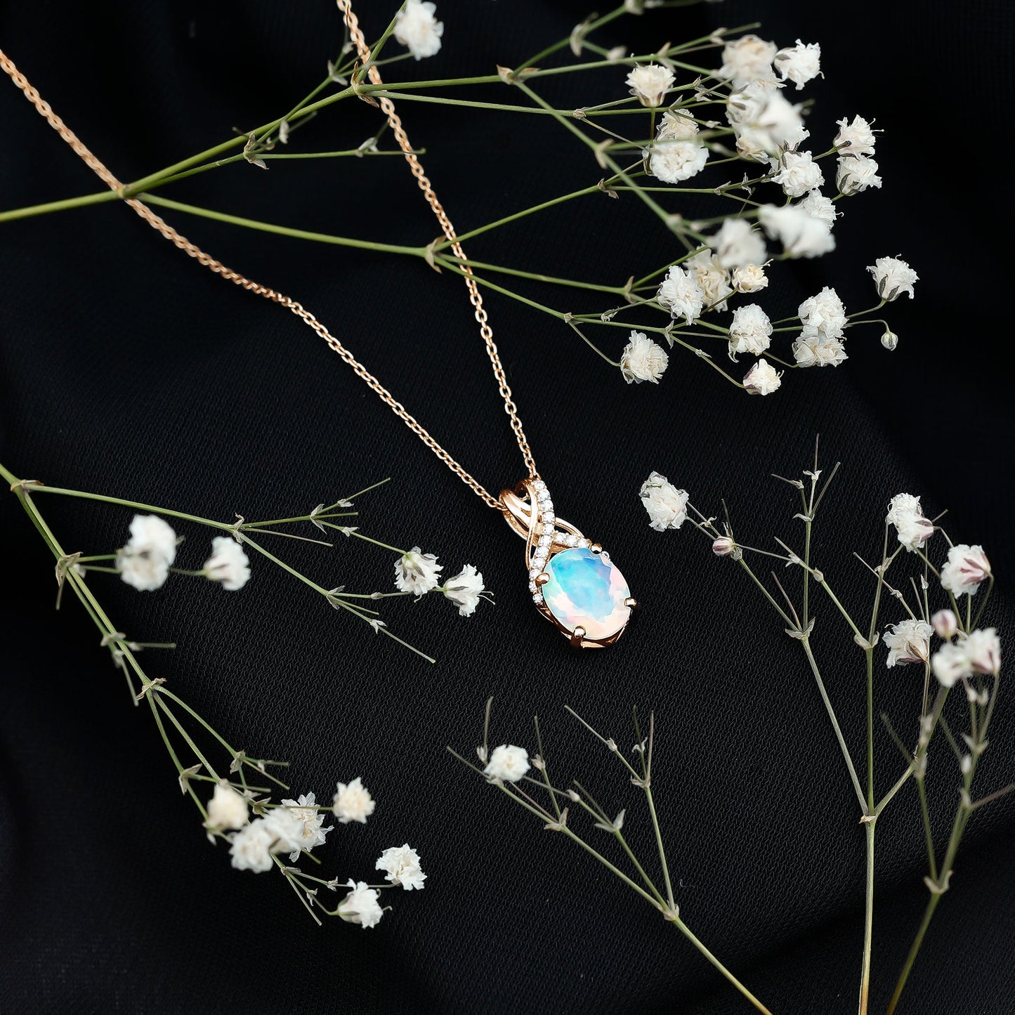 Oval Ethiopian Opal Necklace with Moissanite Twisted Bail
