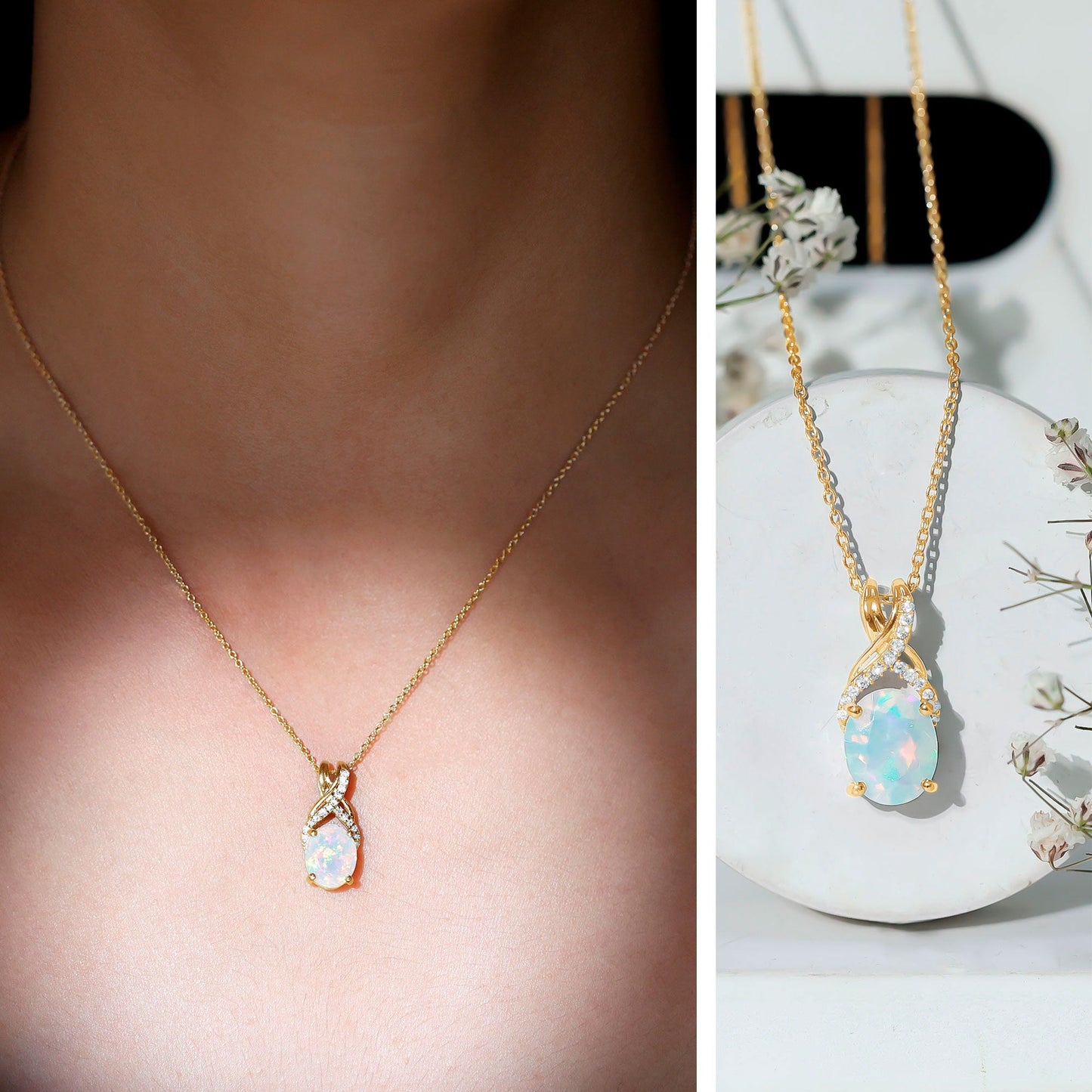 Oval Ethiopian Opal Necklace with Moissanite Twisted Bail