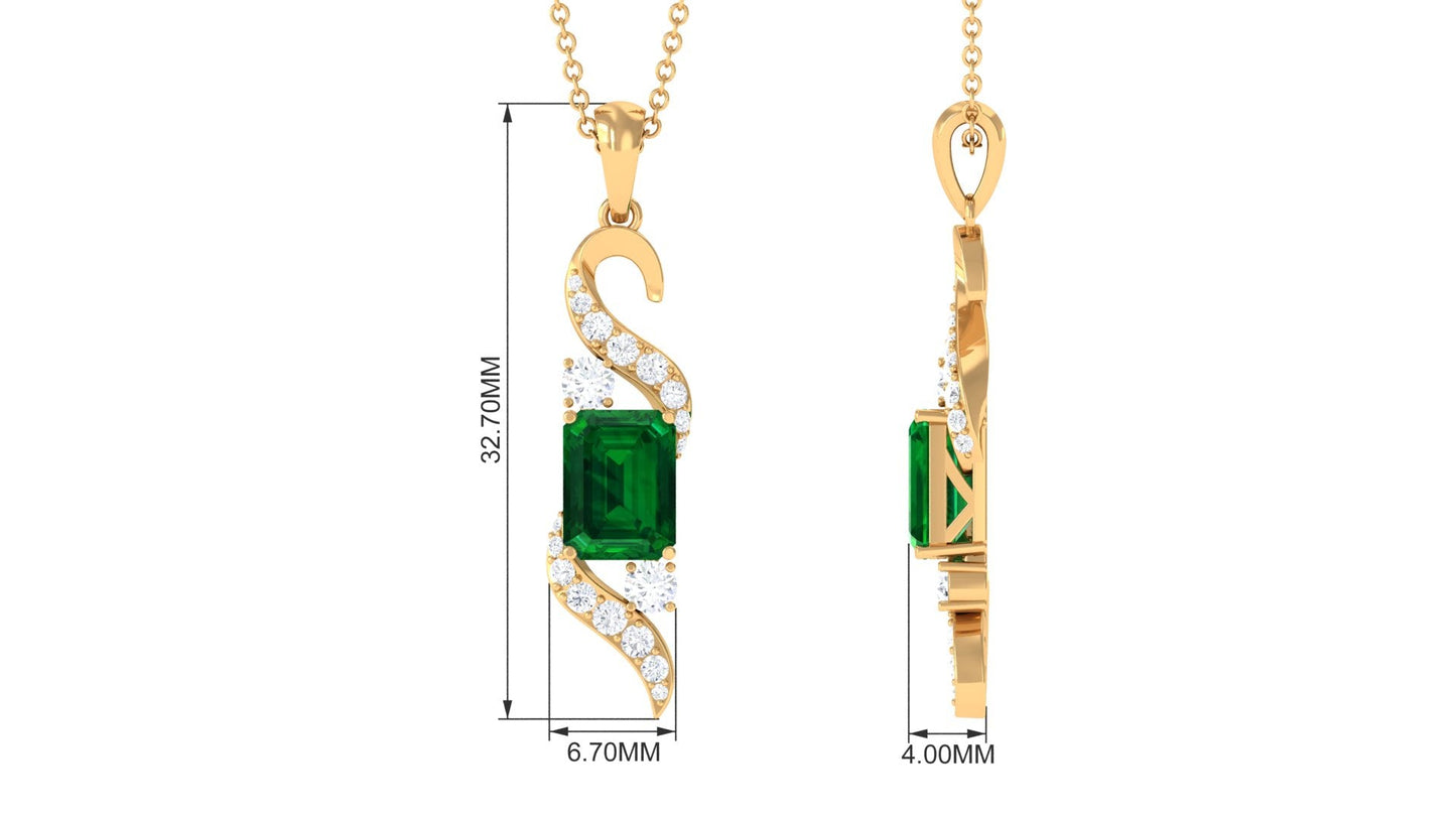 1.6 Carat Octagon Cut Created Emerald Designer Drop Pendant with Diamond