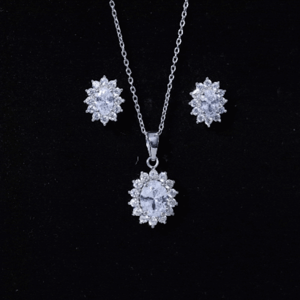 Oval Shaped Cubic Zirconia Halo Pendant and Earrings Set