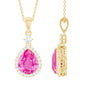 Created Pink Sapphire Teardrop Pendant Necklace With Diamond Halo