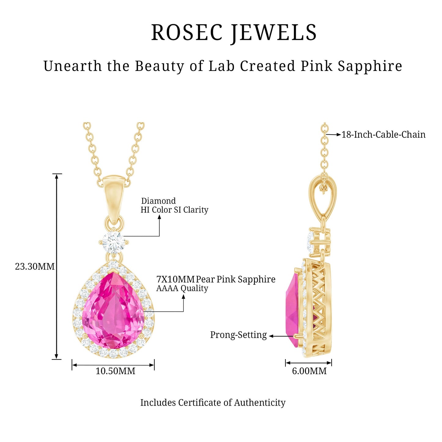 Created Pink Sapphire Teardrop Pendant Necklace With Diamond Halo