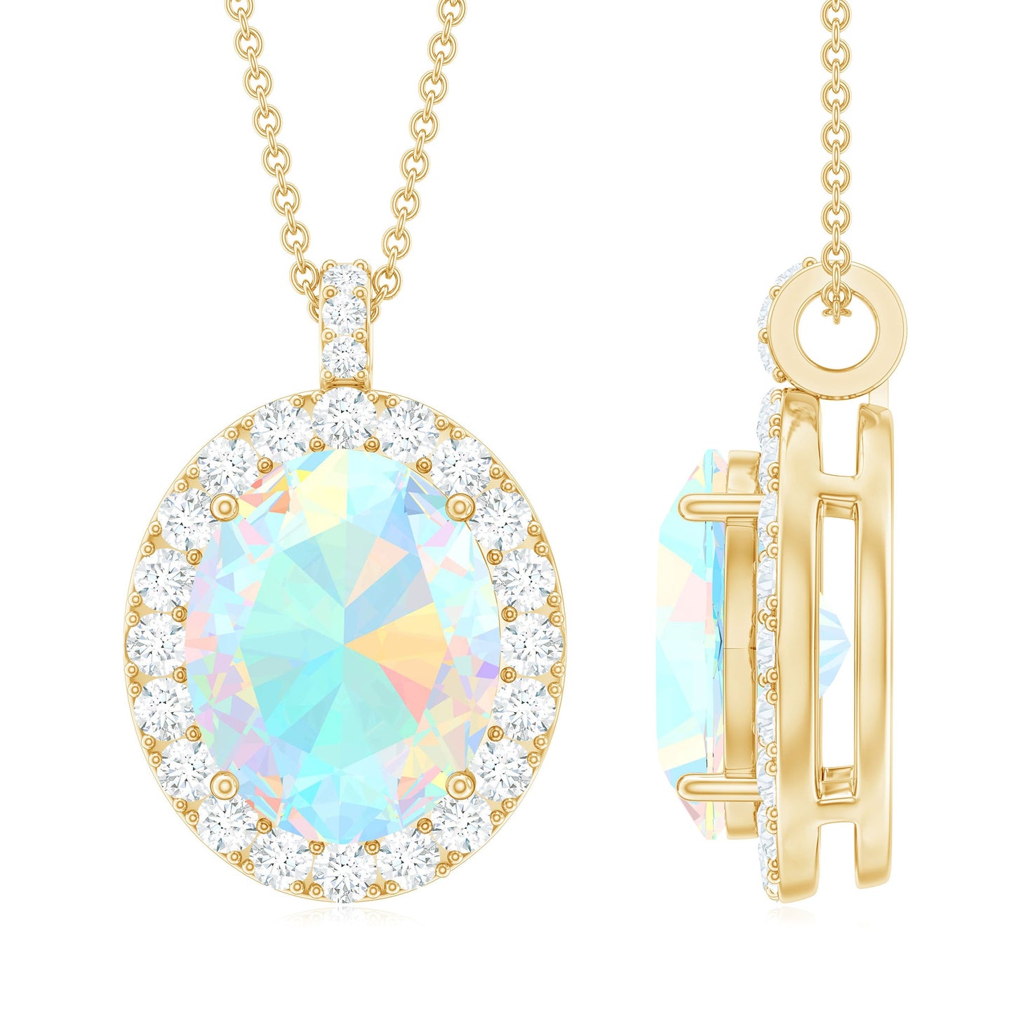 Real 1.3 Carat Ethiopian Opal Oval Pendant Necklace with Diamond Halo
