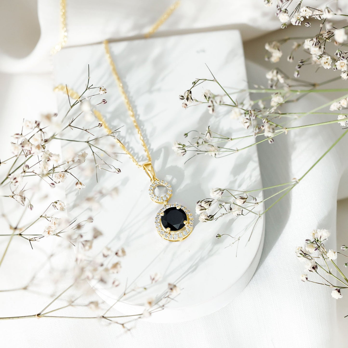 Natural 2 CT Round Black Onyx Necklace with Diamond Halo