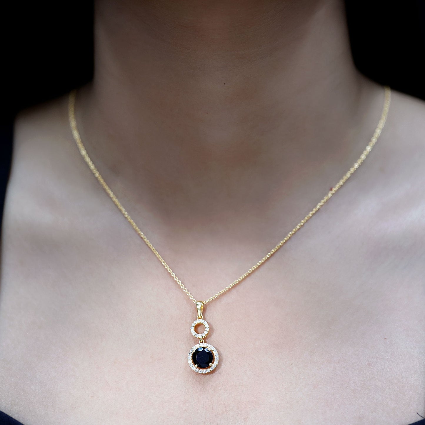 Natural 2 CT Round Black Onyx Necklace with Diamond Halo