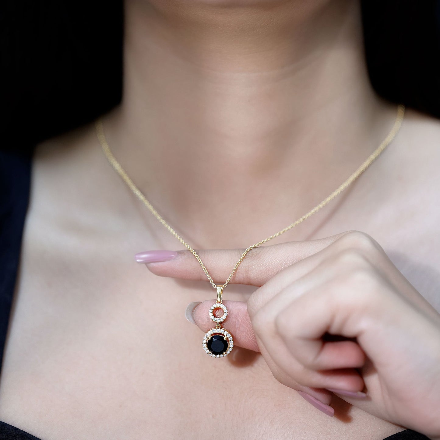 Natural 2 CT Round Black Onyx Necklace with Diamond Halo