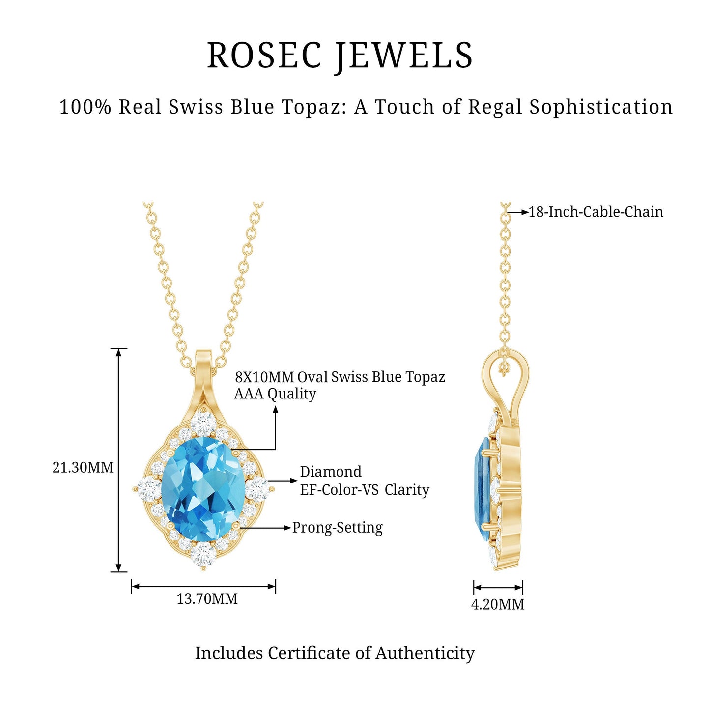 Vintage Style 2.5 Carat Swiss Blue Topaz and Diamond Necklace with Silver Chain