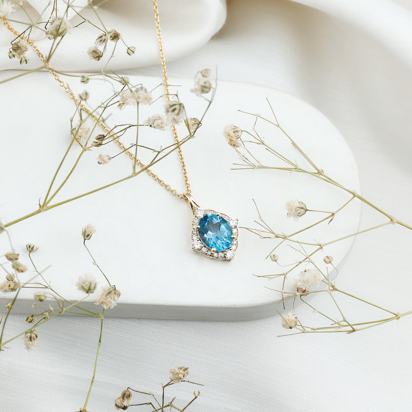 Vintage Style 2.5 Carat Swiss Blue Topaz and Diamond Necklace with Silver Chain