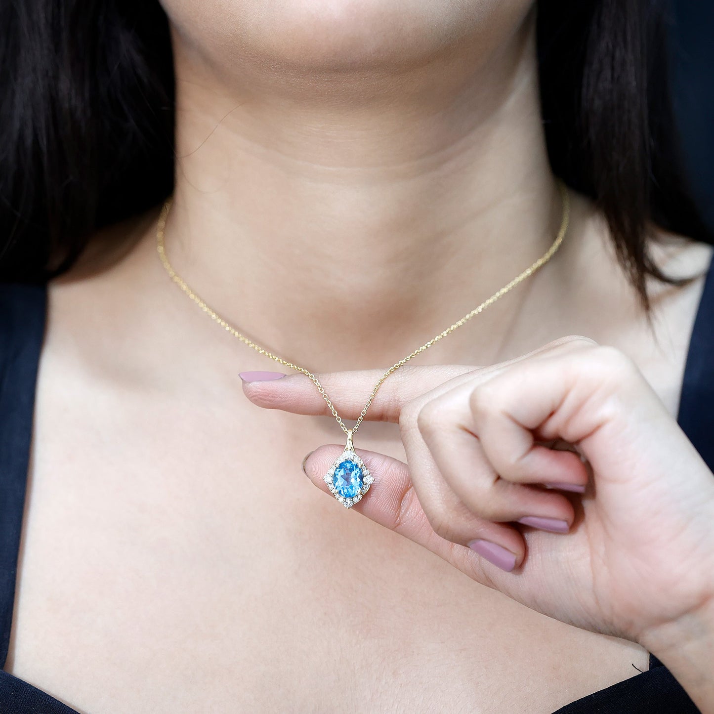 Vintage Style 2.5 Carat Swiss Blue Topaz and Diamond Necklace with Silver Chain