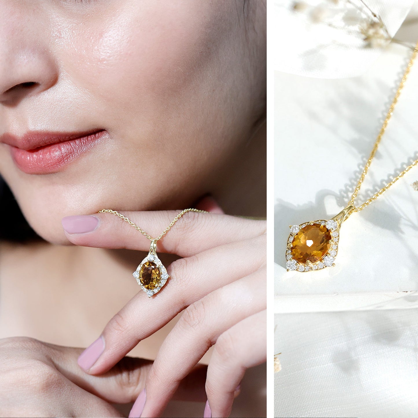 Genuine 2.5 Carat Citrine Diamond Vintage Necklace with Silver Chain
