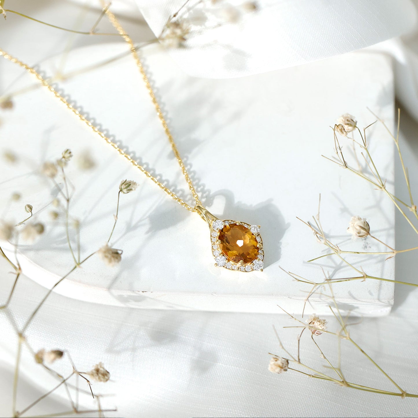 Genuine 2.5 Carat Citrine Diamond Vintage Necklace with Silver Chain