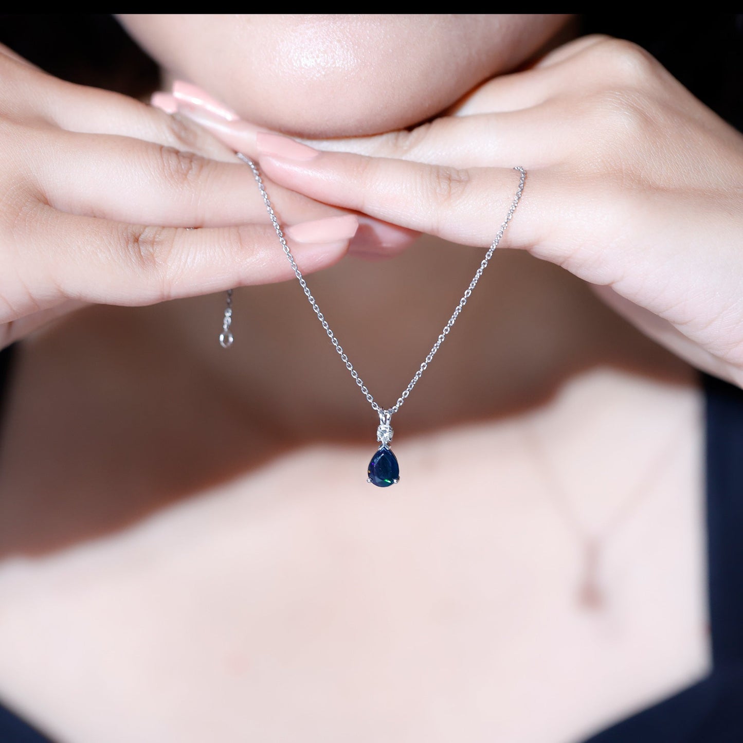 Pear Shaped Black Opal Drop Pendant with Diamond