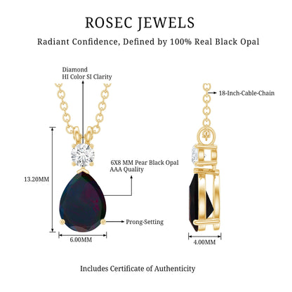 Pear Shaped Black Opal Drop Pendant with Diamond