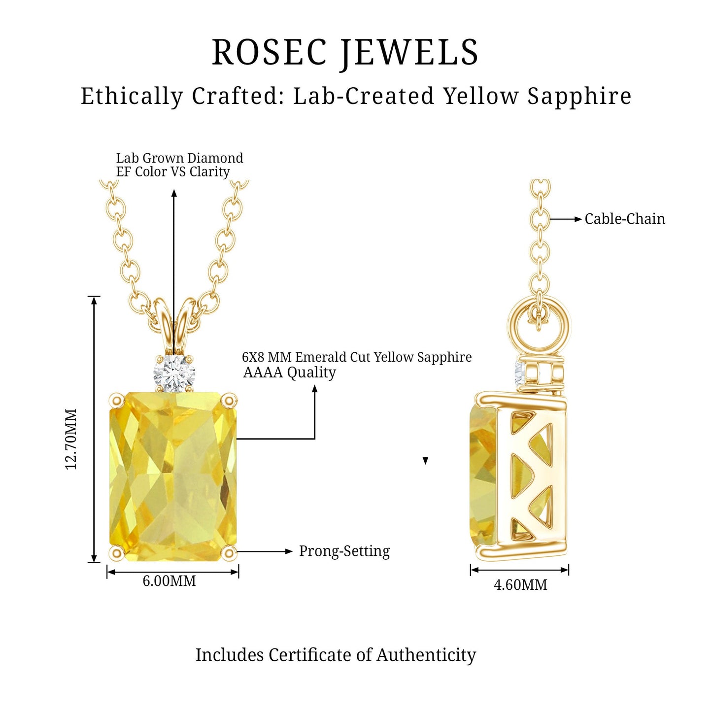 1.7 Carat Emerald Cut Lab Grown Yellow Sapphire Diamond Necklace with Chain