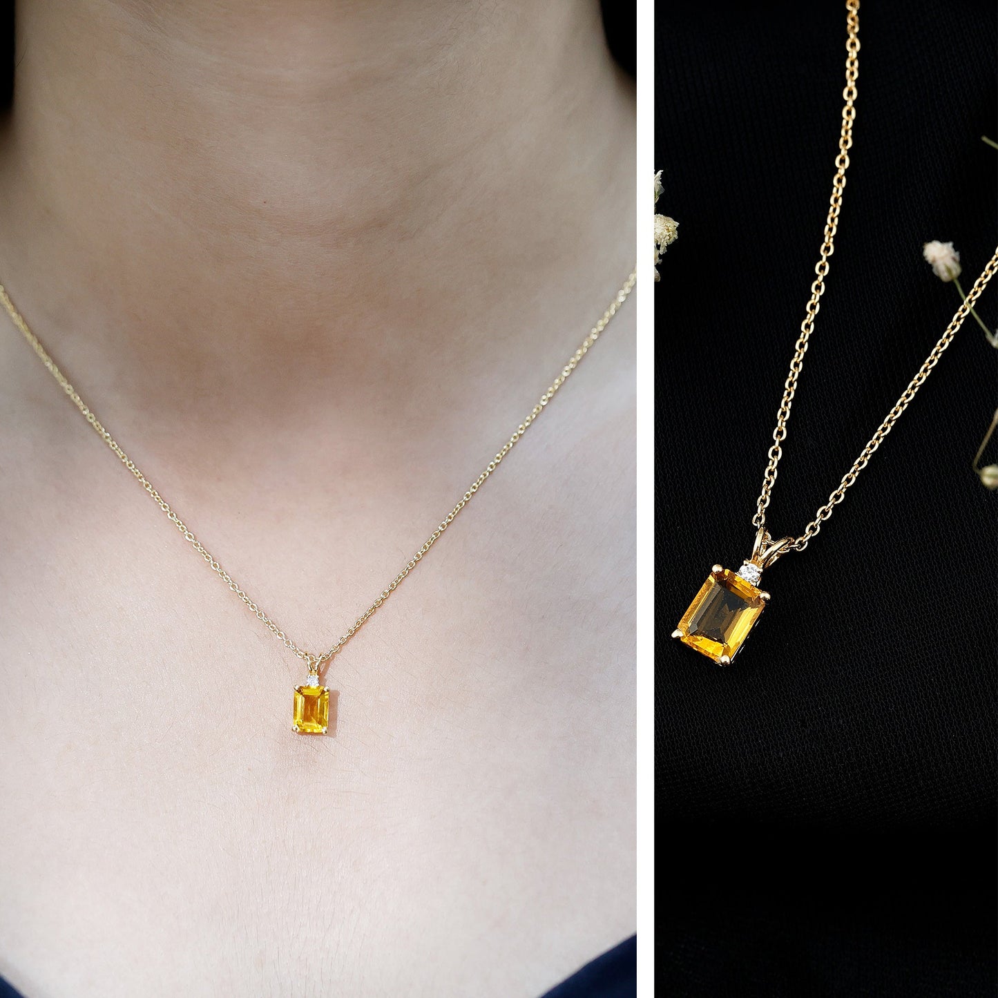 1.7 Carat Emerald Cut Lab Grown Yellow Sapphire Diamond Necklace with Chain