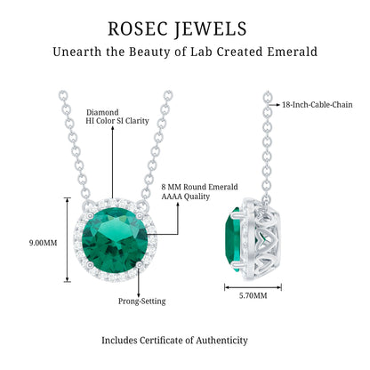 2 Carat Round Lab Created Emerald and Diamond Halo Necklace