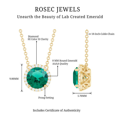 2 Carat Round Lab Created Emerald and Diamond Halo Necklace