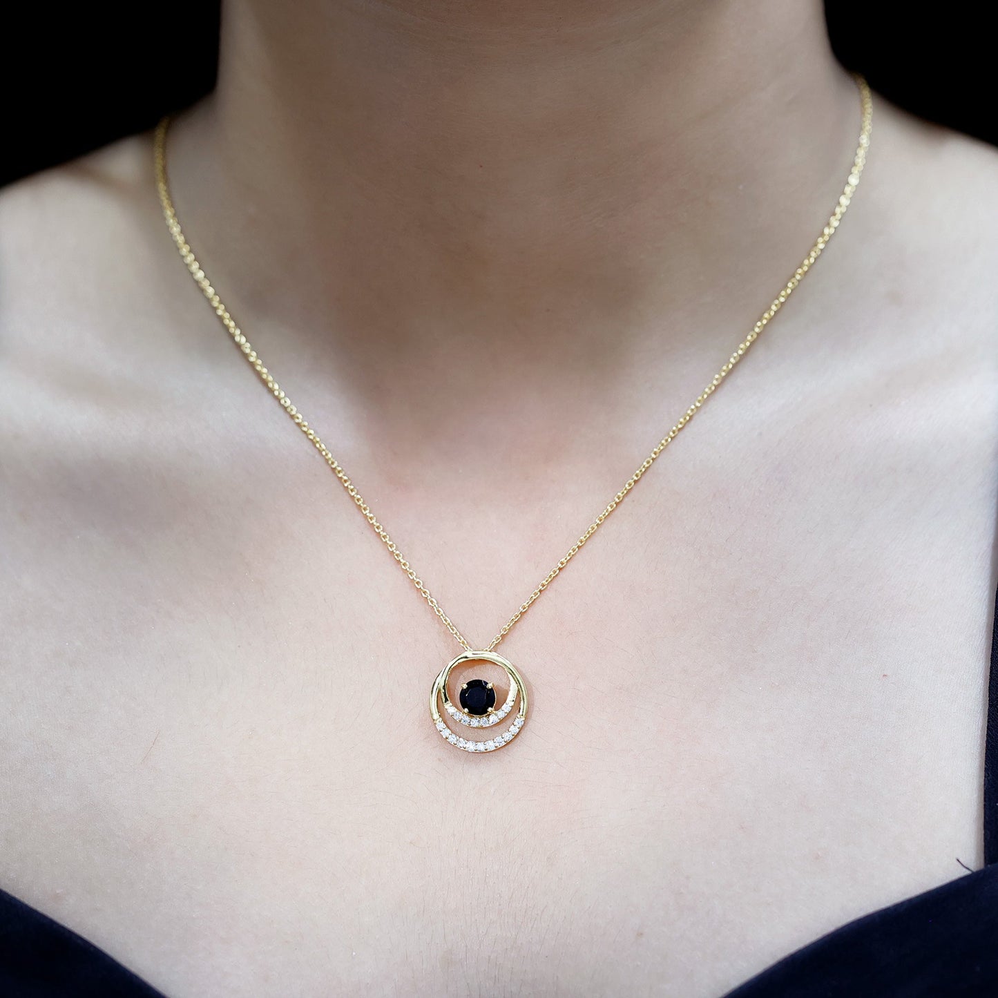 Lab Created Black and White Diamond Circle Necklace With Silver Chain