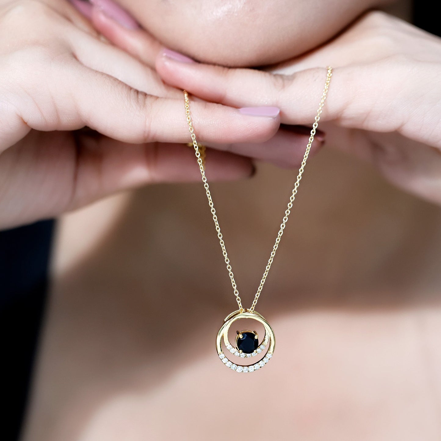 Lab Created Black and White Diamond Circle Necklace With Silver Chain