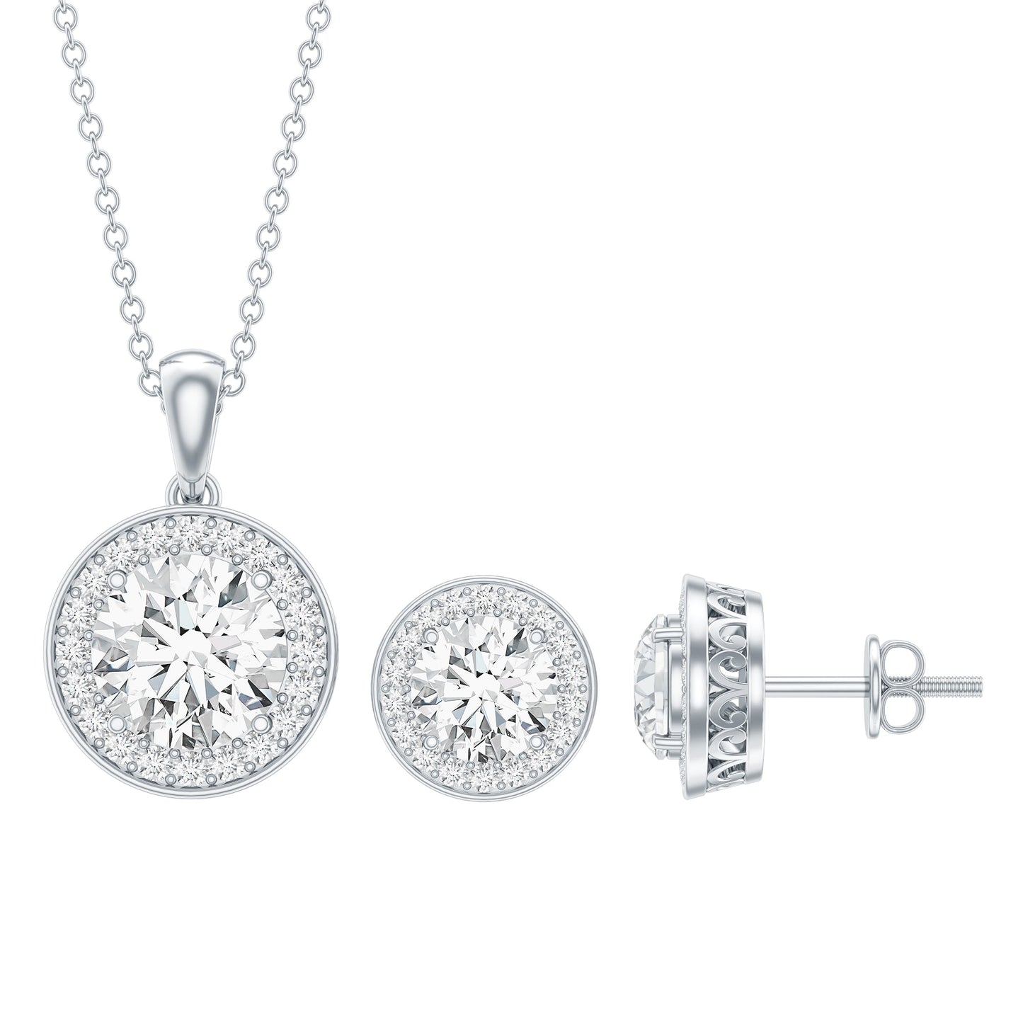 Certified 4 Carat Round Cubic Zirconia Halo Necklace and Earrings in Silver