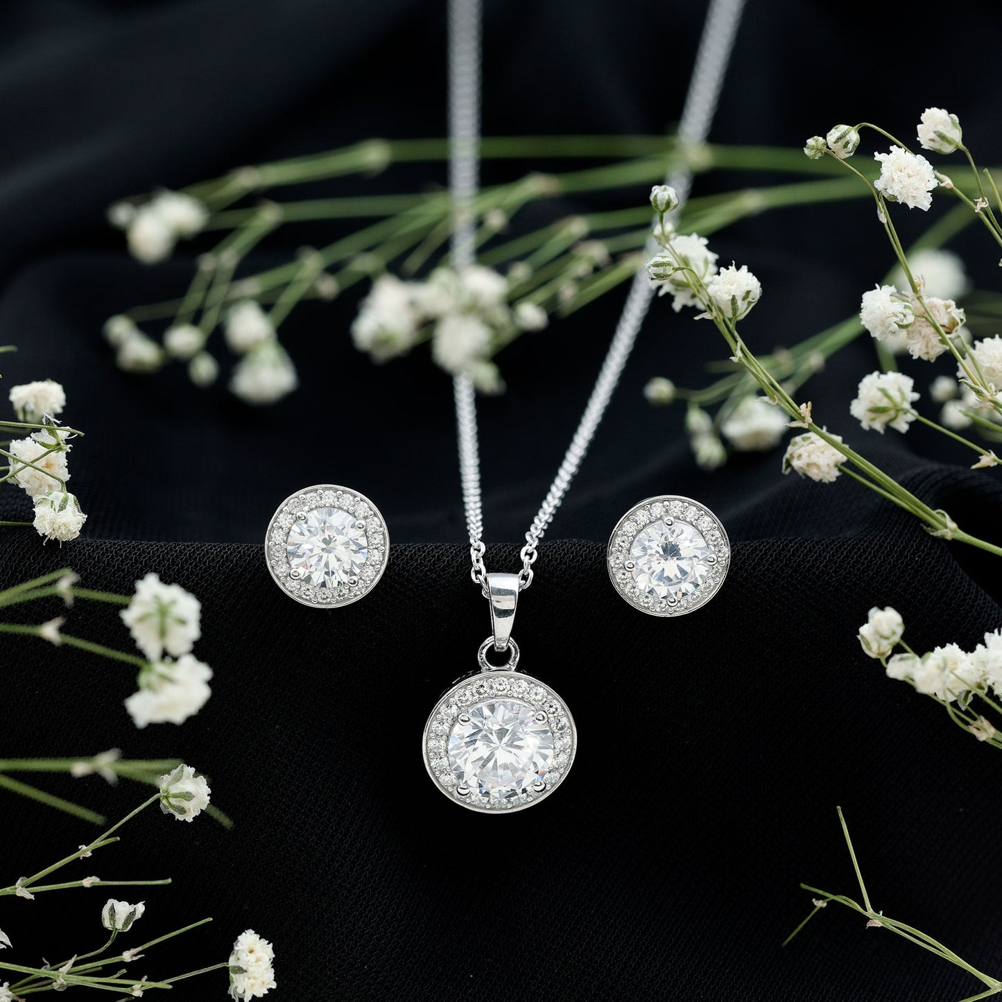 Certified 4 Carat Round Cubic Zirconia Halo Necklace and Earrings in Silver