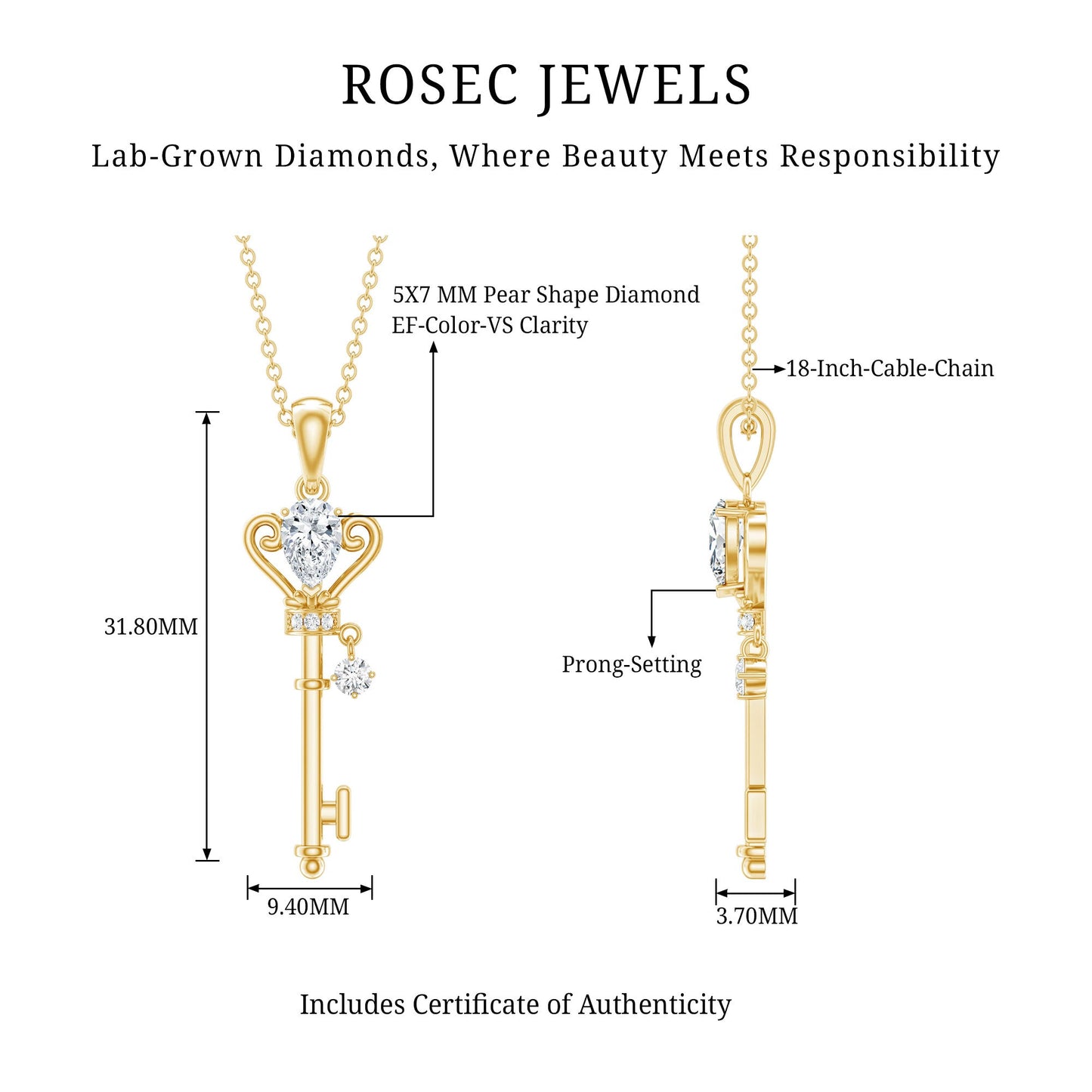 Certified Pear Shaped 0.6 Carat Lab Created Diamond Key Pendant