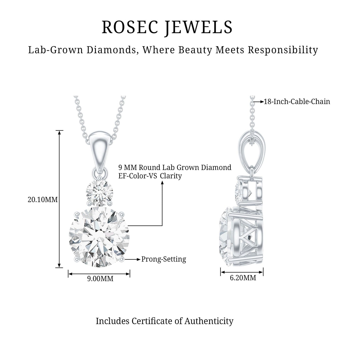 Certified 3 Carat Lab Grown Diamond Pendant Necklace For Women