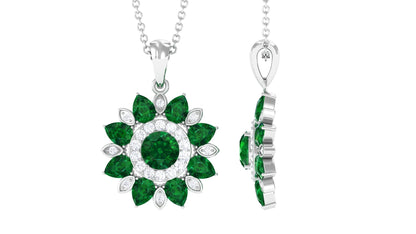 Lab Created Emerald and Diamond Flower Necklace