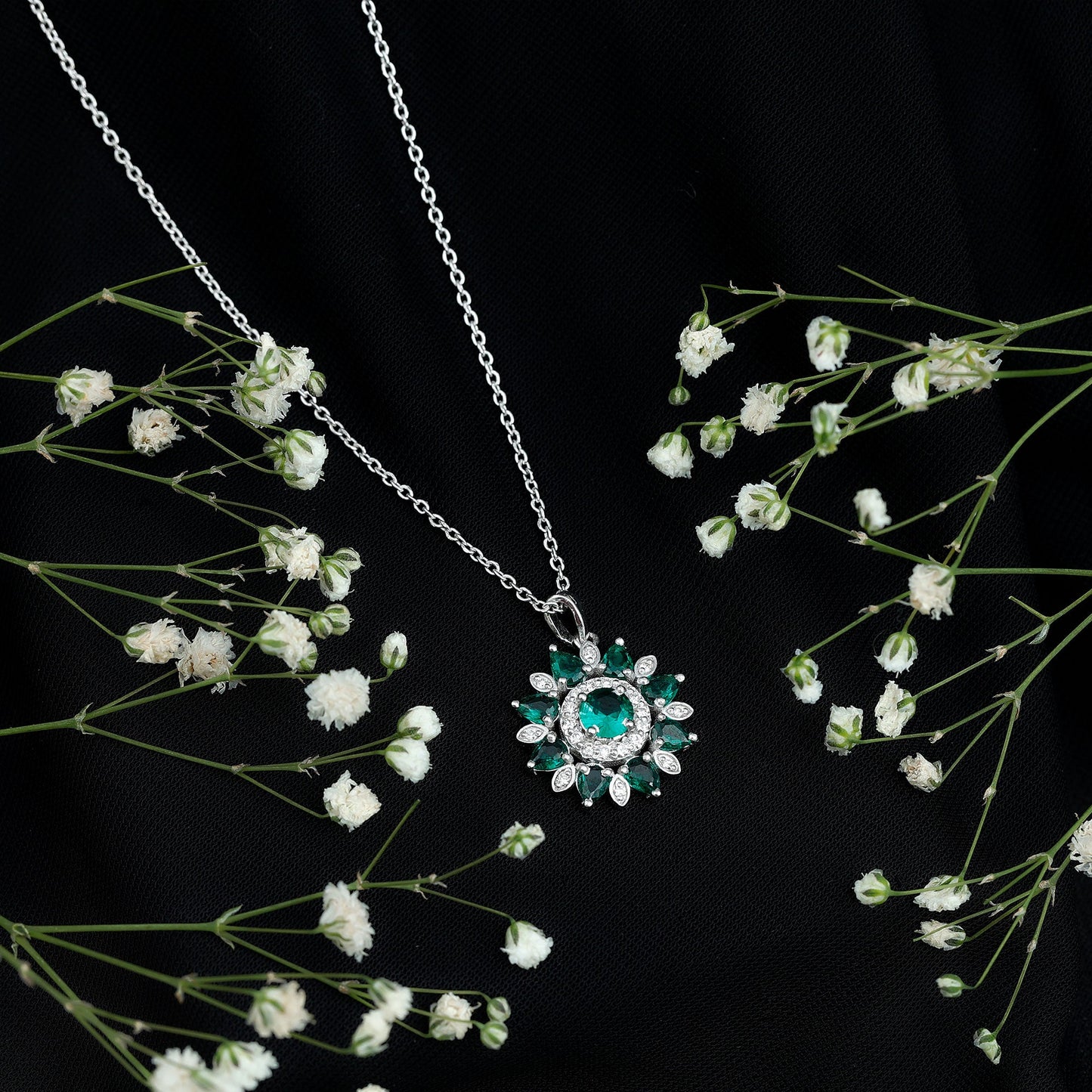 Lab Created Emerald and Diamond Flower Necklace