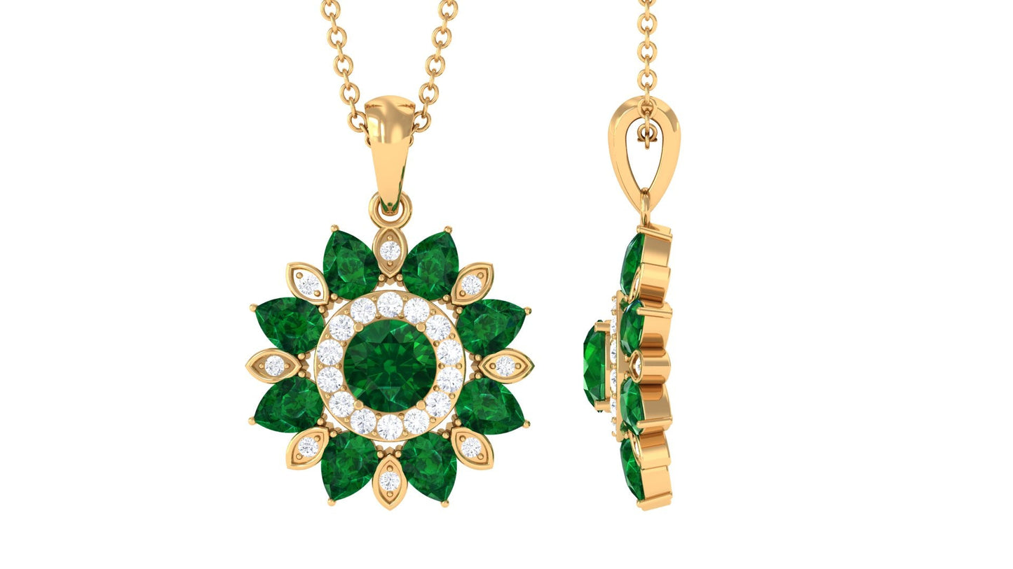 Lab Created Emerald and Diamond Flower Necklace