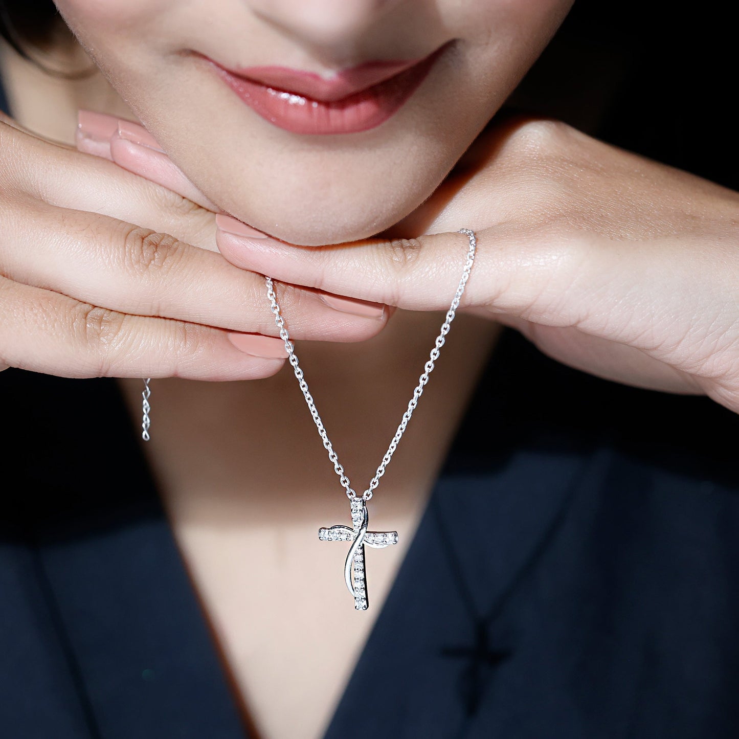 Certified Moissanite Designer Cross Pendant Necklace in Silver