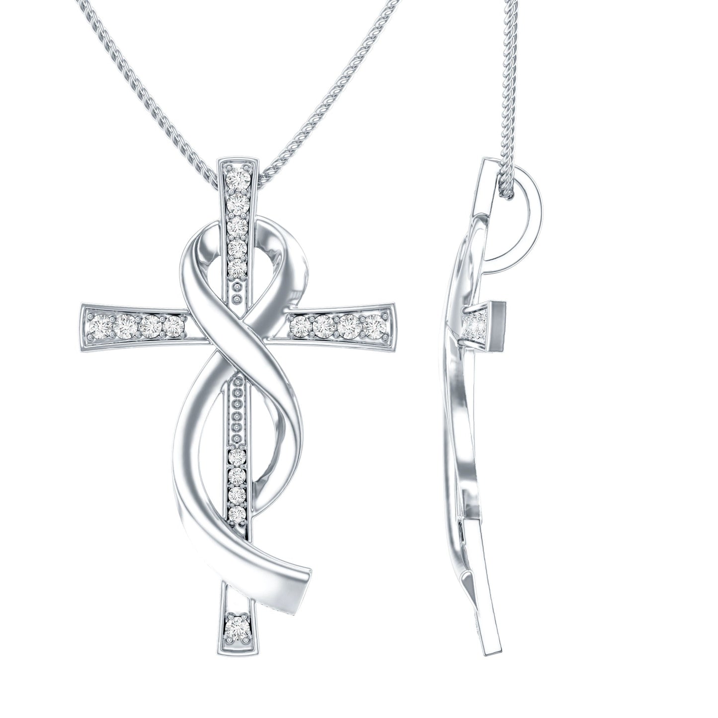 Pave Set Moissanite Cross Infinity Necklace with Silver Chain