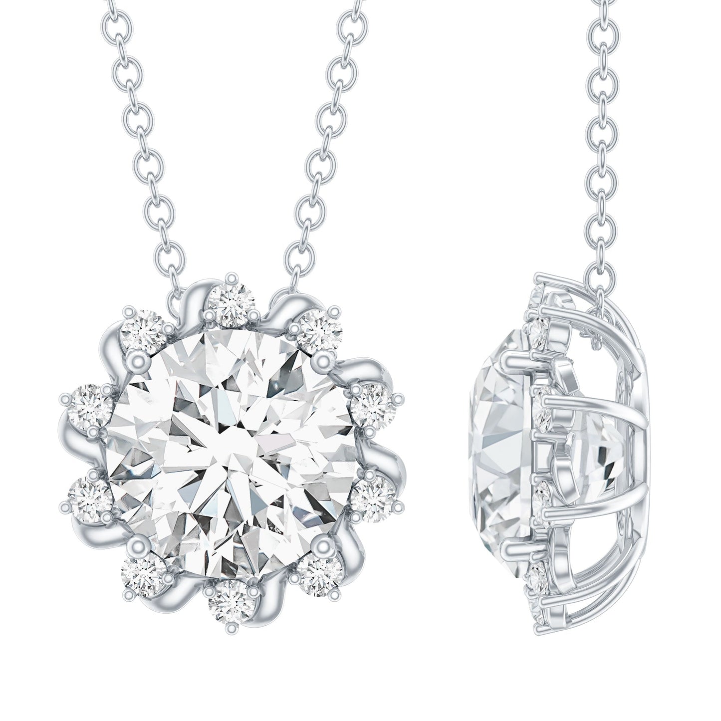 Certified 2 Carat Round Moissanite Sunburst Necklace With Silver Chain