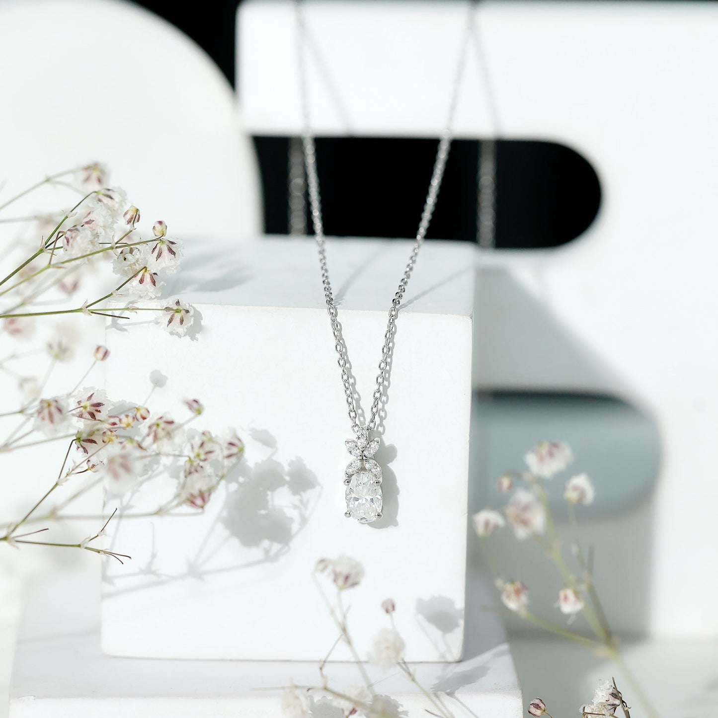 Certified 0.9 Carat Oval Shaped Moissanite Flower Pendant Necklace
