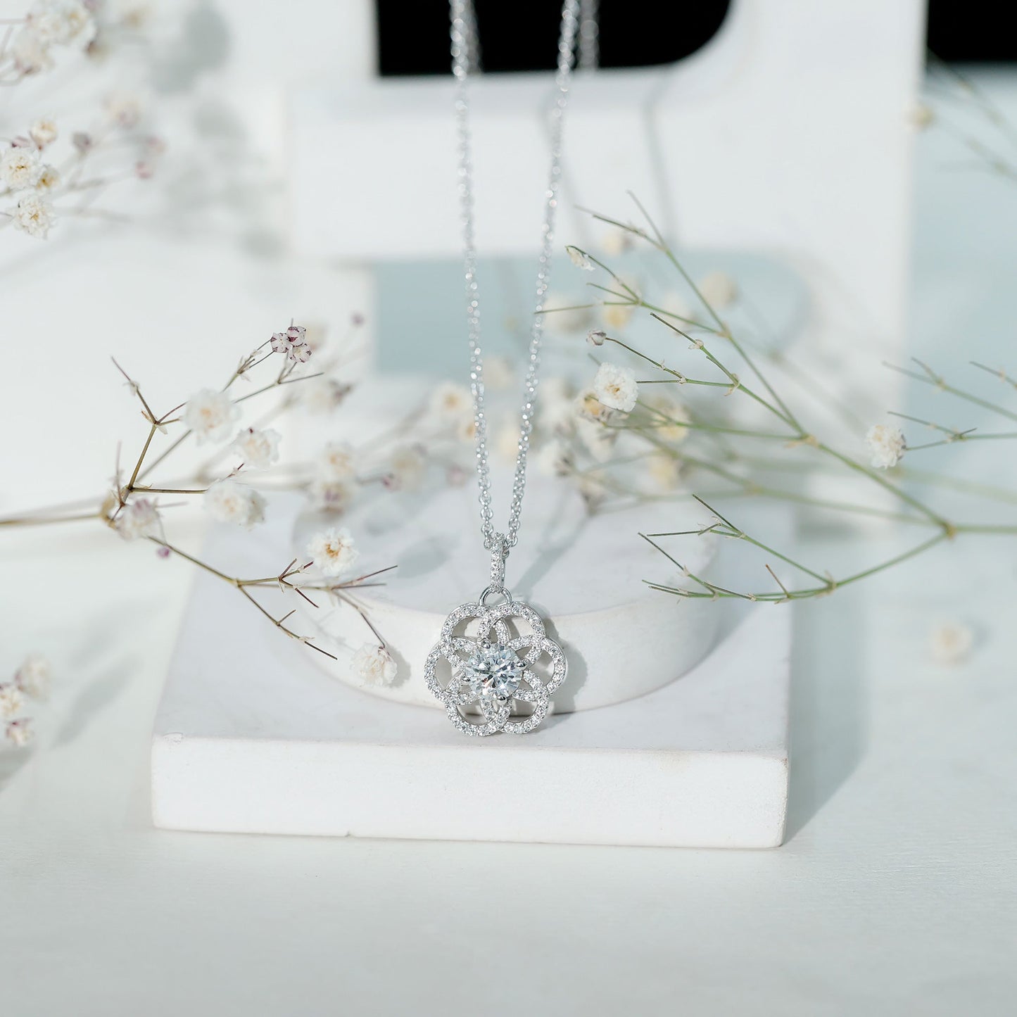 Certified Moissanite Flower Necklace with Silver Chain