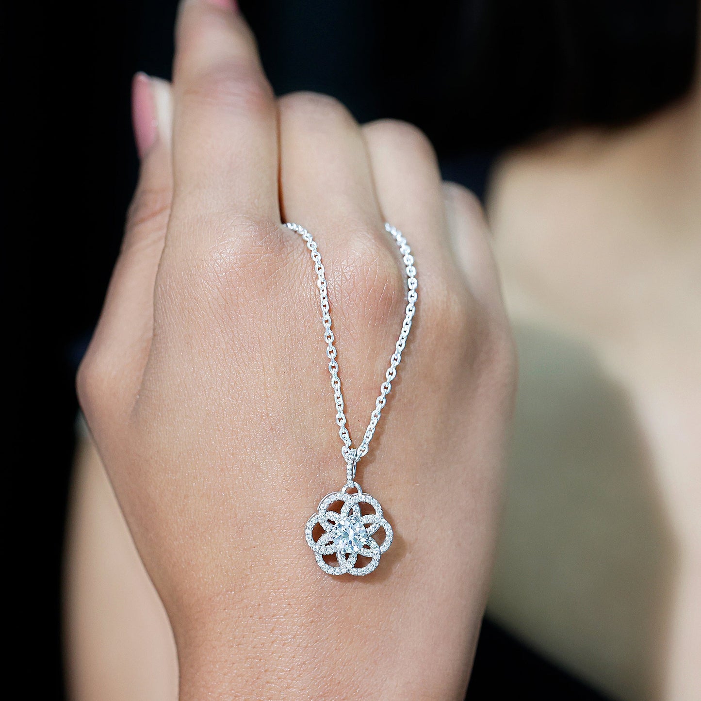 Certified Moissanite Flower Necklace with Silver Chain