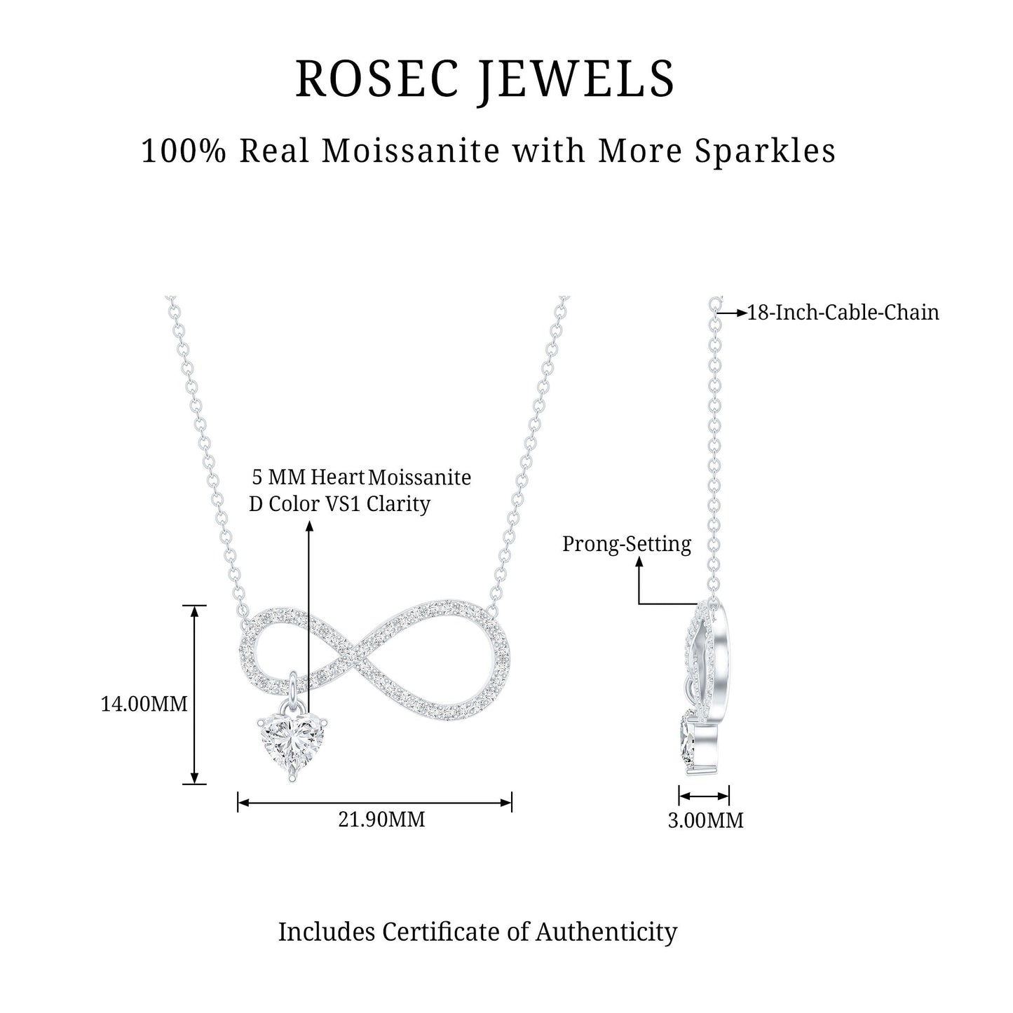 Sterling Silver Moissanite Infinity Necklace with Heart Charm