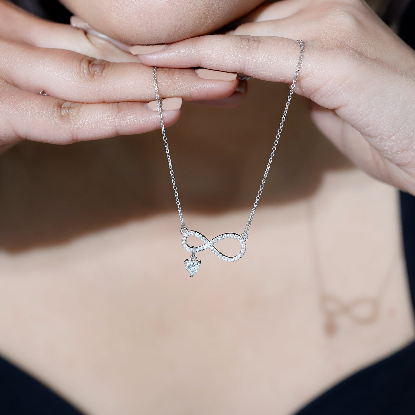 Sterling Silver Moissanite Infinity Necklace with Heart Charm