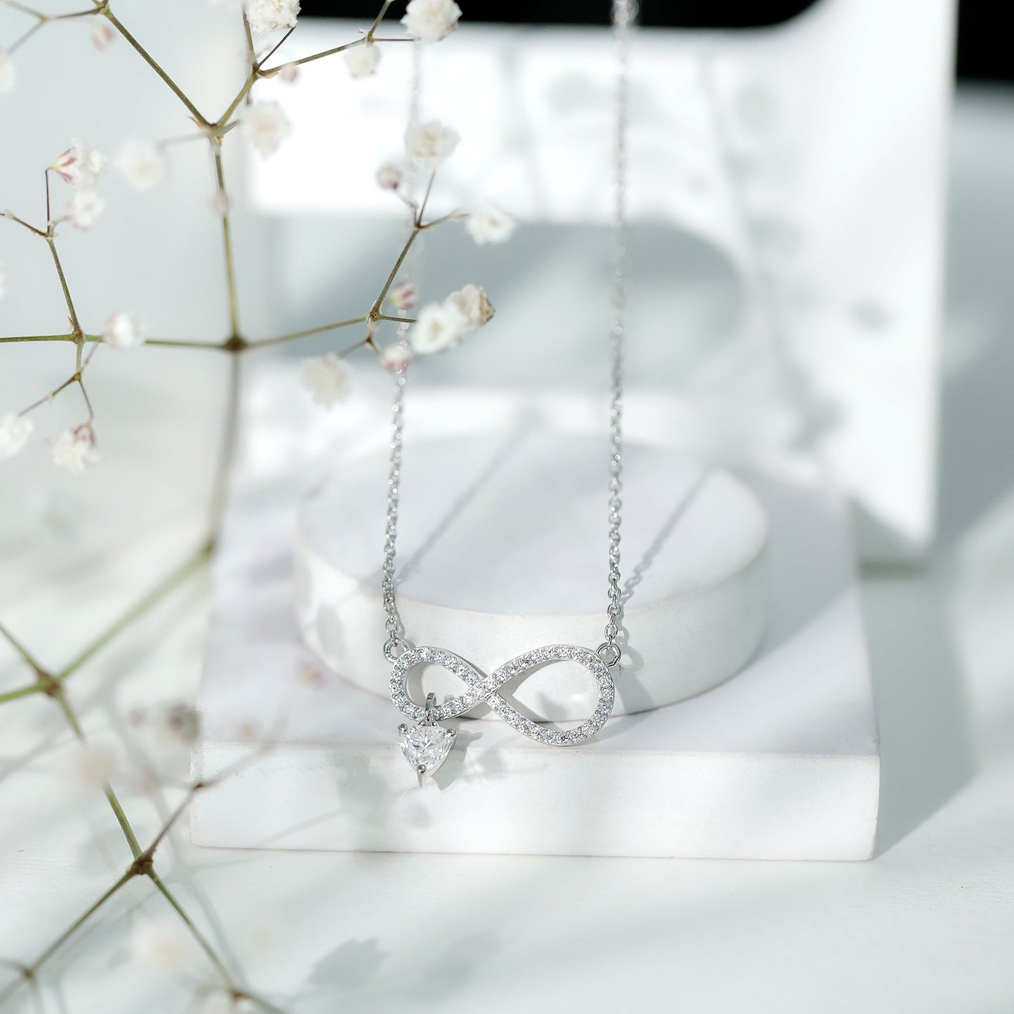 Sterling Silver Moissanite Infinity Necklace with Heart Charm