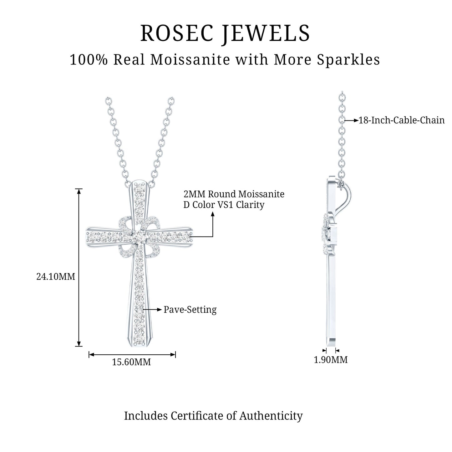 Certified Moissanite Cross Pendant with Silver Chain
