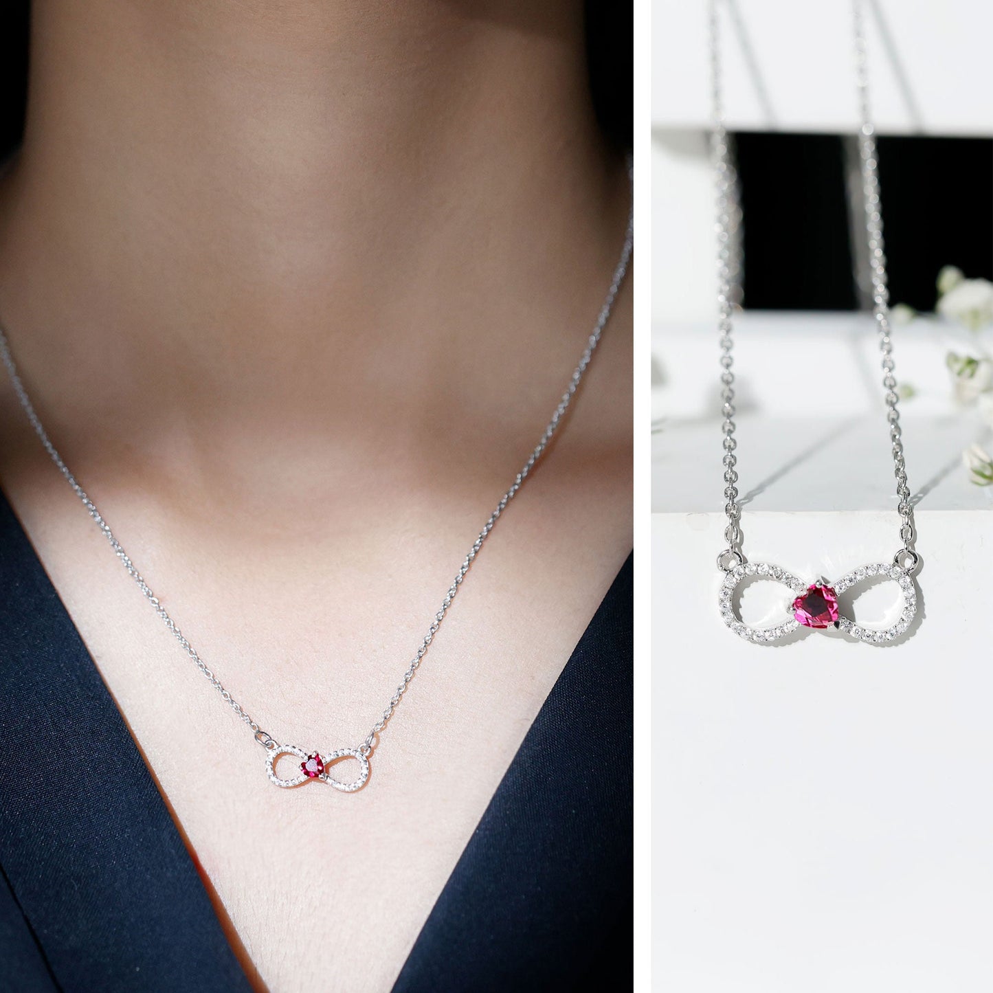 Half Carat Lab Grown Ruby and Moissanite Heart Infinity Necklace For Her