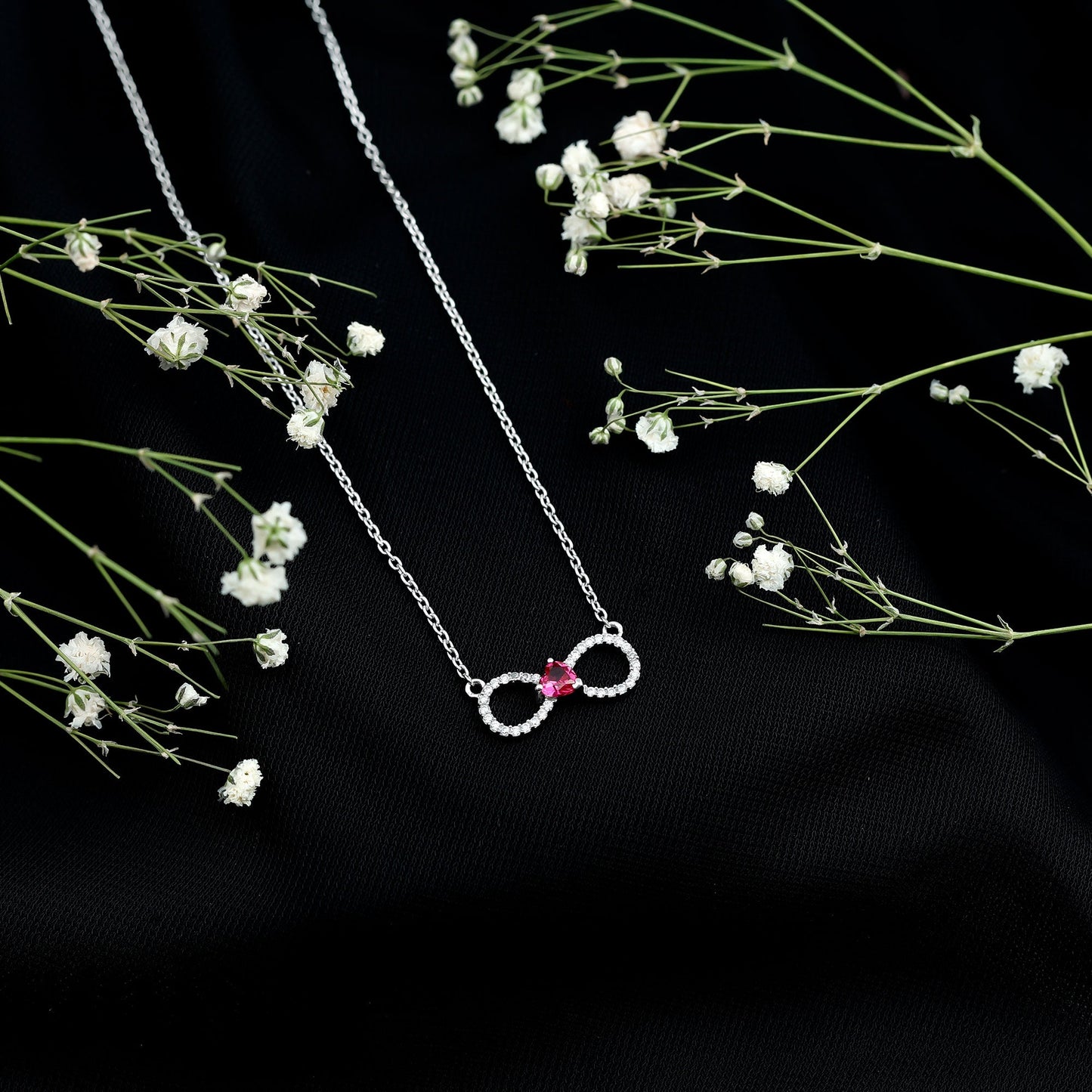 Half Carat Lab Grown Ruby and Moissanite Heart Infinity Necklace For Her