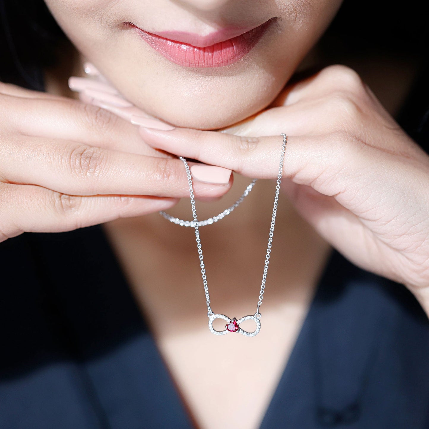 Half Carat Lab Grown Ruby and Moissanite Heart Infinity Necklace For Her